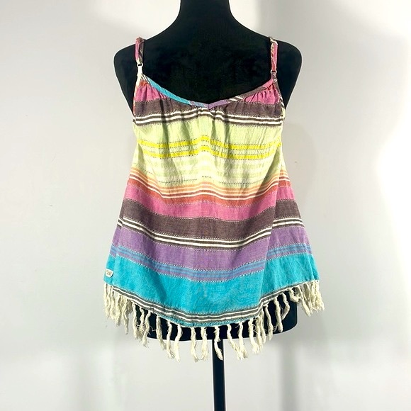 Billabong Multi colored stripped cotton fringe tank top,XS - Picture 4 of 9